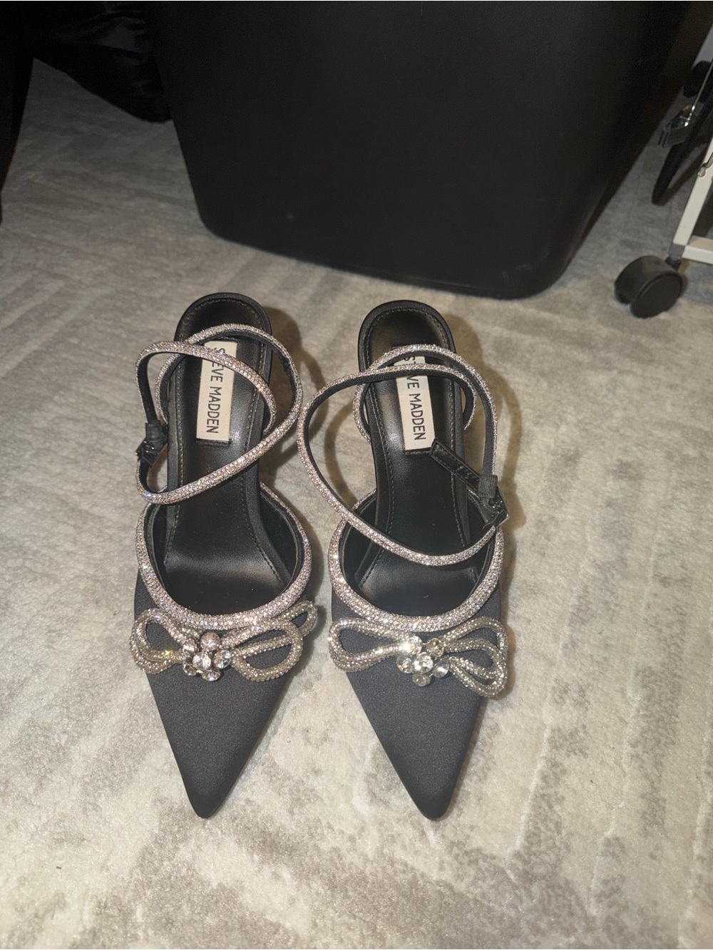 Steve Madden Black Pointed Crystal Bow Strappy Heels